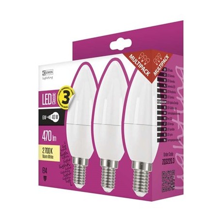 EMOS LED žárovka Classic candle 6W E14 teplá bílá 3Ks ZQ3220.3